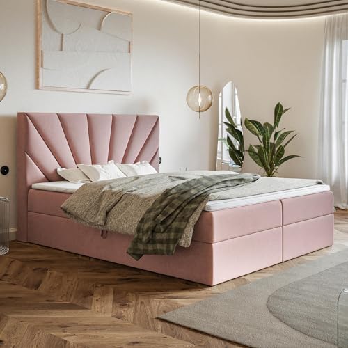 MOTIVENA Aspen Boxspringbett 140x200 mit Bettkasten und Topper, Polsterbett 140x200 mit Bettkasten, Bonellfederkern-Matratze (H4), T28 Komfortschaumstoff Topper (H3), Samt, Rosa (Pink) MOTIVENA Aspen Boxspringbett 140x200 mit Bettkasten und Topper, Polsterbett 140x200 mit Bettkasten, Bonellfederkern-Matratze (H4), T28 Komfortschaumstoff Topper (H3), Samt, Rosa (Pink)