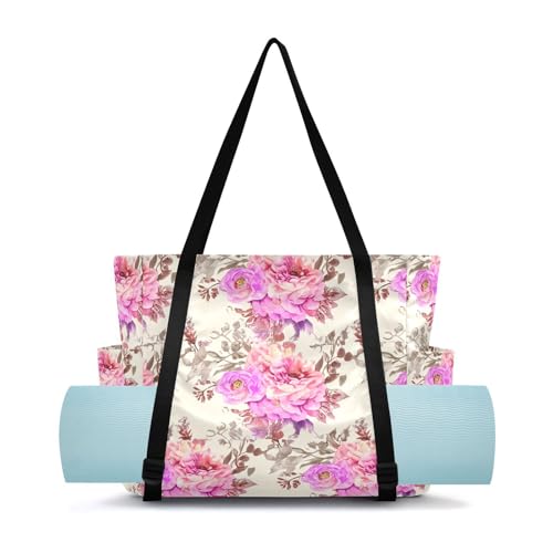 Lxqimora Flowers Romantic Beige Yoga Mat Bag for Women Water-Resistant Gym Bag with Yoga Mat Holder Tote Bag for Gym Pilates Travel Yoga