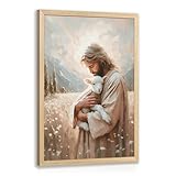 FASWQ Wood Framed Jesus and Lamb Wall Art, Jesus the Good Shepherd Wall Decor, Religious Christian Canvas Painting, Bible Faith and Scripture Poster Print for Church LDS Bedroom Living Room 12'x16'