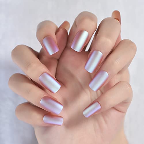 Metallic Matte False Nails Square Top Medium Size Holographic Chrome Press On False Nails 24 #TOP4