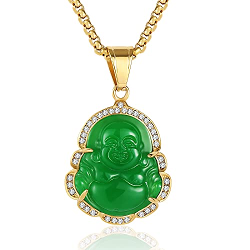 P.BLAKE Laughing Buddha Buddah Necklaces For Women Men, Ice Out Buddha Pendant For Men Women with Stainless Steel Gold Chain 24 inches