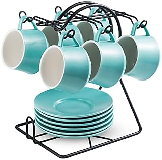Prevve Espresso Cups with Saucers with Metal Stand, Ceramic Coffee Cups Gifts Set 4 oz (120ml) Set of 6, Porcelain Cappuccino Cups for Coffee Drinks, Turquoise Blue