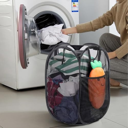 Pop-Up-Wäschekörbe, 2 Stück Faltbarer Laundry Basket Mesh, 75L Faltbarer Wäschekorb aus Mesh, Atmungsaktiver Wabennetz-Wäschekorb für Kinderzimmer College Dorm Camping und Reisen(Schwarz)