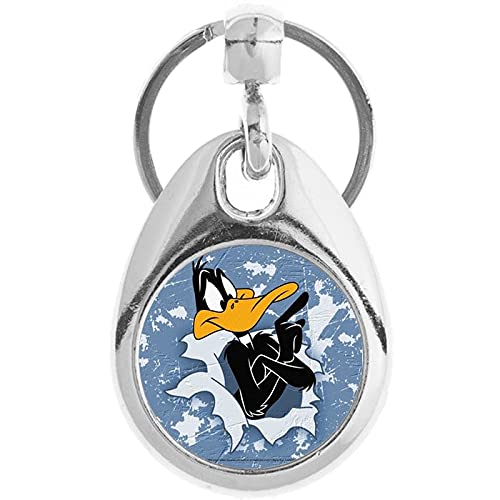 Bunny OrganizationBrilliant Daffy Duck Arms Crossed Finger Pointing White Blue Background Looney Tunes Lovers Luxury Classic Stainless Steel Double Sided Photo Round Unisex Keyring