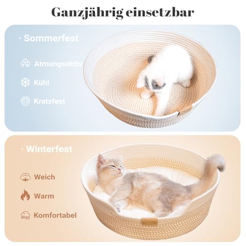 CheerPals Katzenbett mit Kissen, 47cm Waschbar Katzenkorb aus Baumwollseilen geflochten, zum Schlafen für Alle Katze, All Season Universal