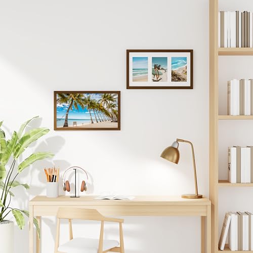 decorUhome 8x14 Picture Frames Collage Wall Decor, Display 3Pcs 4x6 Photos with Mat or 1Pcs 8x14 Unmatted, 3 4x6 Collage Picture Frames for Wall Mounting, Brown