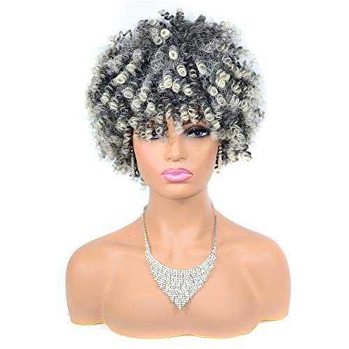 T1B/613 Short Afro Curly Wig with Bangs for Black Women Bouncy Fluffy Kinky Curly Wig Heat Resist Natural Soft Synthetic Full Wigs (1BT613#)