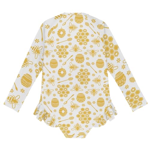 Girls One Piece Swimsuits Long Sleeve Swimsuit Zipper Bathing Suits Yellow Bee Honey2