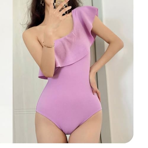 Traje de banho feminino traje de banho de ombro traje de banho de folha (roxo,G)