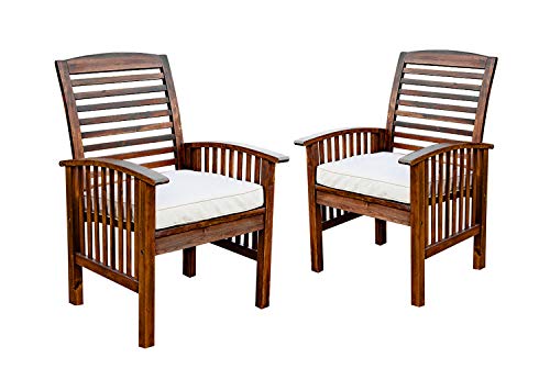 Walker Edison Acacia Wood Patio Chairs with Cushions in Dark Brown - Set of 2