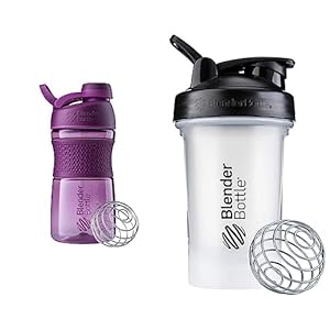 BlenderBottle SportMixer Shaker Bottle Perfect for Protein Shakes and Pre Workout, 20-Ounce, Plum & Classic V2 Shaker Bottle Perfect for Protein Shakes and Pre Workout, 20-Ounce, Clear/Black