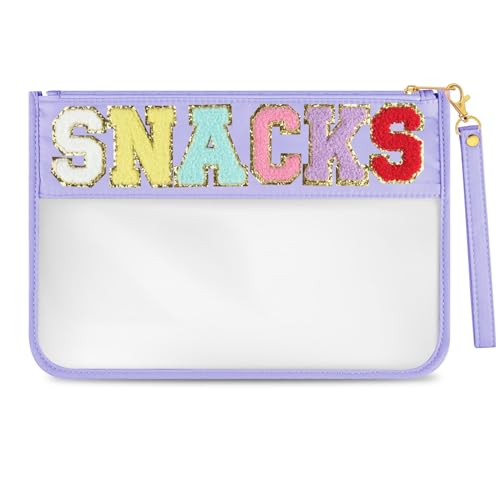 Morcheiong Chenille Letter Bag Cute Clear Zipper Stuff Pouch Portable Multi-purpose PVC and Nylon Makeup Bag with Handle for Travel Gym Beach（Purple Snacks）