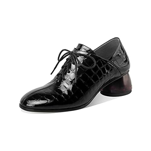 TinaCus Women's Round Toe Genuine Leather Handmade Lace Up Low Chunky Heel Casual Oxford Shoes, Black, 4.5 Cover