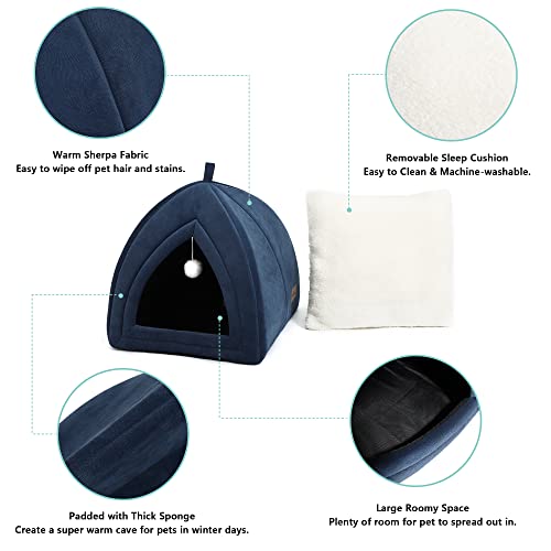 Tillyou Cat Bed For Indoor Cats, 2-In-1 Cat House For Indoor Cats Clearance, Warm Dog Tent With Removable Cushioned Pillow, Padded Sponge Cave For Small Pets Up To 11 Lbs, 15X15X15”, Navy & Cream #TOP4