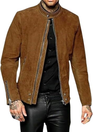 Men's Classic Real Sheepskin Suede Leather Bomber Biker Motorcycle Jacket - Slim Fit Coat