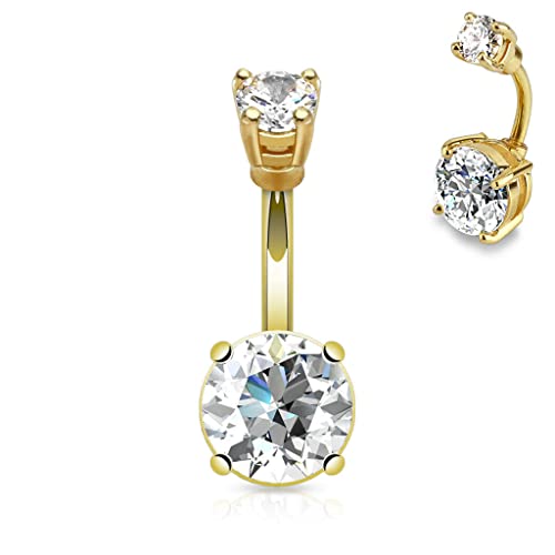 14K Gold Plated 9Mm Cz Set Double Gem Internal Threaded Navel Belly Button Ring #TOP22