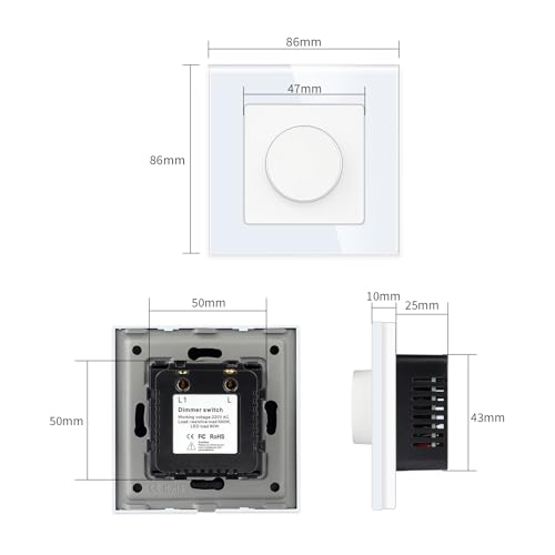LIAONFOY Dimmer Schalter mit Drehdimmer Drehschalter Unterputz für dimmbare LED-Lampen Glühlampen und Halogenlampen 220V 86mm Weiße
