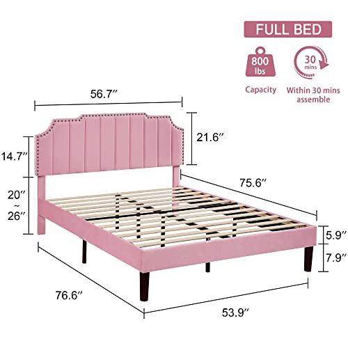 Vecelo Pink Full Size Bed Frame Upholstered Platform With Tufted Adjustable Headboard/Mattress Foundation With Wood Slat Support, Easy Assembly,For Kids #TOP1