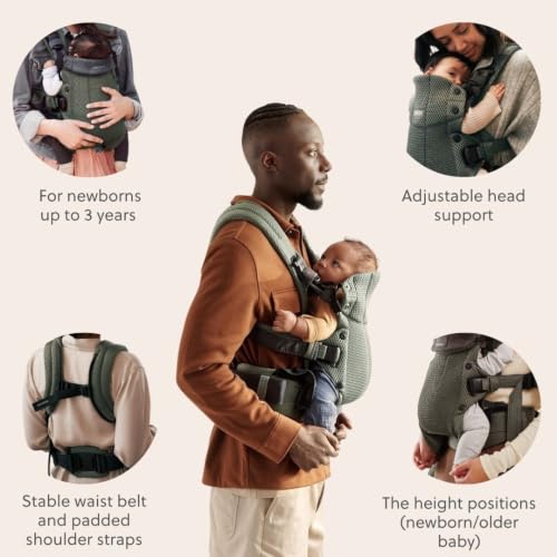 Image of BabyBjorn Baby Carrier Harmony, Dark Green, 3D Mesh | 3-in-1 Ergonomic Baby Carrier; Newborn, Facing-in, Outward-Facing, and Back Carrying Positions Supported (7-40 lbs), Newborn to Toddler