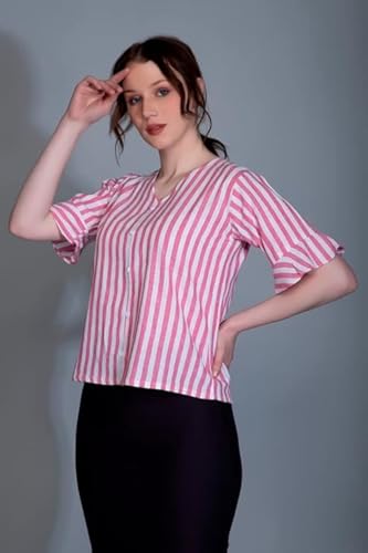 Image of Leriya Fashion Women's Western Striped V-Neck Tops | Ruffle Sleeves | Comfortable Cotton Printed Button Down Tops for Casual | Office | Travelling | Shopping Wear for Girls