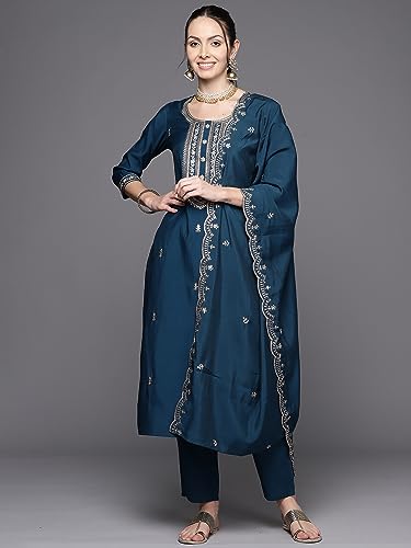 Image of INDO ERA Women's Green Poly Silk Embroidered Straight Kurta & Pant with Dupatta Set (KH9GN7223)
