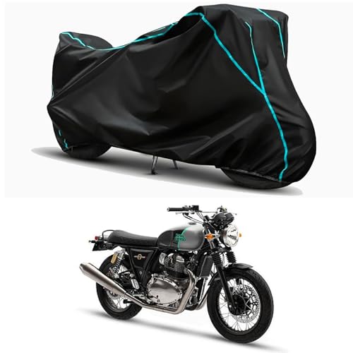 Image of Waterproof Bike Body Cover Compatible for | Royal Enfie Interceptor 650 Mark | Taffeta Fabric, Sky Piping Design, Bottom Elastic Fit | Dustproof, Sun UV & Rain Protection for All Weather.
