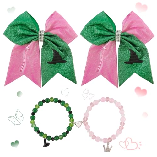 CUBACO 4Pcs Wicked Friendship Hair Accessories Matching Wicked Bracelets Set Pink and Green Hair Bows for Women Rhinestone Jewelry Bracelets Musical Movie Fans Decor Birthday Party Favor Supplies