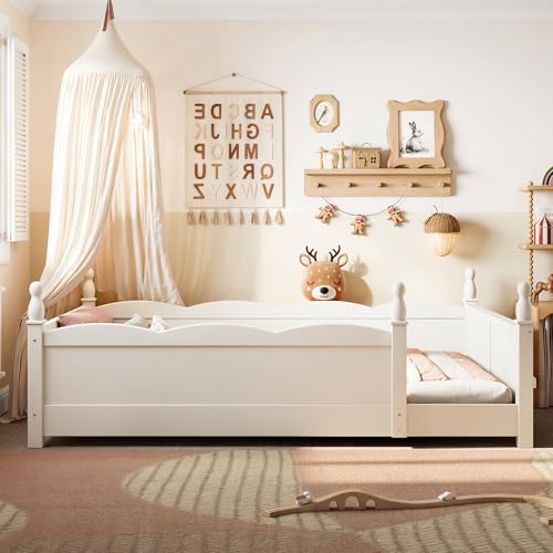 Image of Bellemave Twin Size Montessori Floor Bed Frame with High Fence, Solid Wood Kids Floor Bed with Bookshelf, Low Profile Bed for Boys & Girls, Childlike Design,Beige