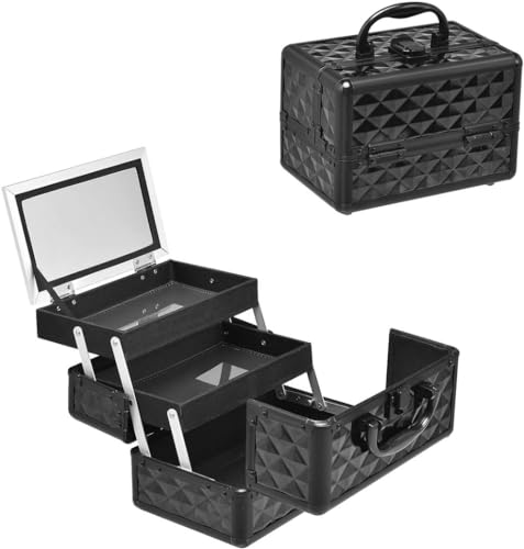 Fiegcit メイクボックス 大容量 鏡付き 持ち運び プロ仕様 コスメボックス 化粧品収納ボックス 化粧品収納 メイク収納 コスメ収納 ブラック