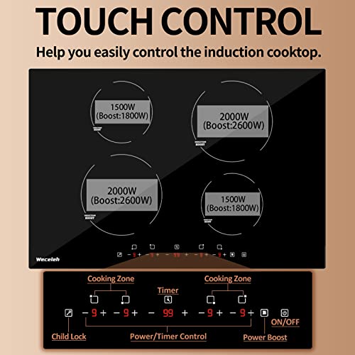Induction Cooktop 30 Inch, Weceleh Electric Stove Top 4 Burner 7000W, Built-In Induction Stove Top 220-240V, Electric Cooktop With 9 Power Levels (No Plug), Timer & Child Safety Lock, Boost Function #TOP1