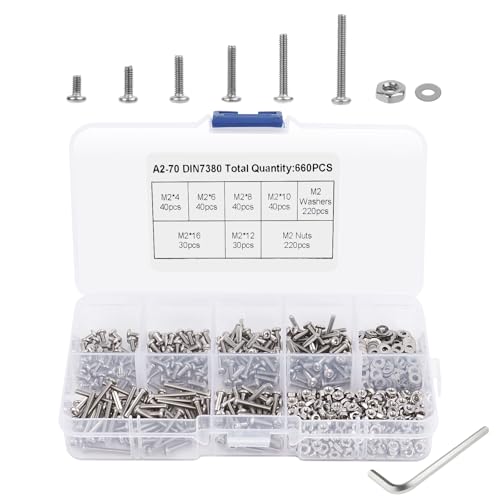 VMUTGA 660 Stück M2 Schrauben Muttern und Unterlegscheiben Set, M2 Edelstahl Innensechskant Sechskantschrauben Gewindeschrauben und Muttern Sortiment Kit mit Schraubenschlüssel und Aufbewahrungsbox