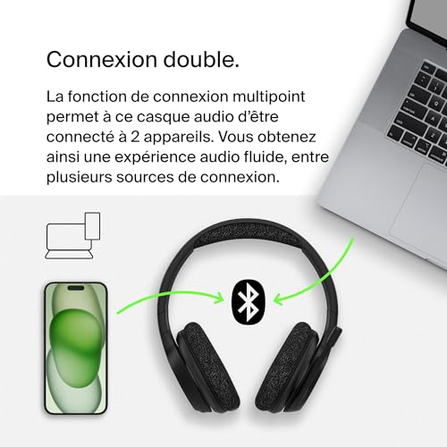 Belkin SoundForm Adapt Casque Bluetooth sans Fil avec Micro, Connexion multipoint, autonomie 65h, ENC, Bluetooth ou câble, Casque Audio pour Travail, Bureau, Ordinateurs PC, Portables, Tablette