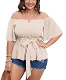 SCOMCHIC Women's Plus Size Off The Shoulder Peplum Blouse Top Half Bell Sleeve Tie Waist Ruffle Hem Babydoll Tops Beige