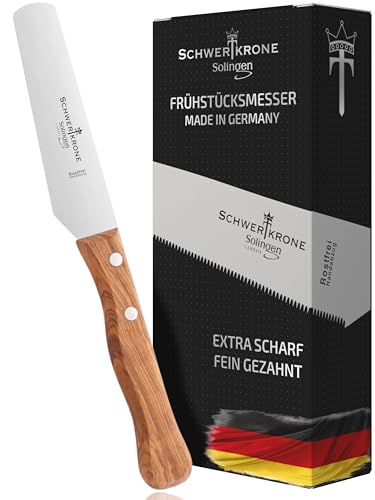 Schwertkrone Solingen - Cuchillo de mantequilla de madera, mango de madera de olivo, cuchillo de postre, cuchillo de mesa, acero inoxidable, fabricado en Alemania