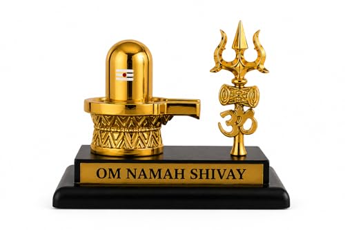 Image of Shivling with Trishul Gold Plated Idol for Car Dashboard, Home Decor & Office Desk | Om Namah Shivay Shiva Lingam Murti | Spiritual Gift Item for Pooja & Housewarming