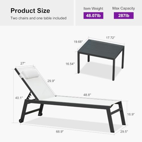 PURPLE LEAF Outdoor Oversized Lounge Chair Set of 3 Patio Chaise Pool Lounger Aluminum Frame with Side Table and Wheels for Outside Sunbathing Tanning Recliner Including Pillows White — view 2