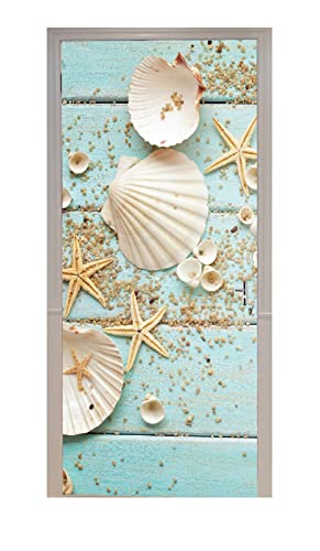 A.Monamour Adesivo Porta Autoadesiva 3D Conchiglie Stelle Marine Su Sfondo Di Legno Blu Tema Nautico Vinile PVC Adesivi per Porte Interne Pellicola Adesiva Poster Sticker Murale Parete Carta da Parati