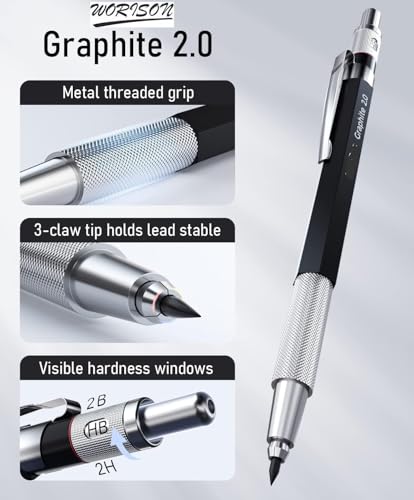 Image of worison 2.0mm Mechanical Pencil Lead Pencil for Drawing, Carpenter,Crafting Art,Sketching with 12 Pcs Refill, Ink Color-Black