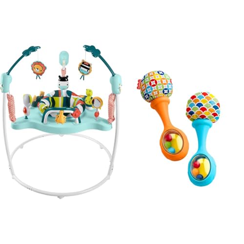 Fisher-Price Baby Bouncer Colorful Corners Jumperoo Activity Center with Music Lights Sounds & Developmental Toys (Amazon Exclusive) & Rattle 'n Rock Maracas, Blue/Orange, 2 Count