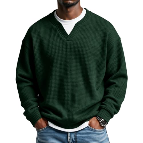 Waffle Long Sleeve Men V Neck Fake 2 Piece Casual Layered Shirt Fall Outfit - image 1