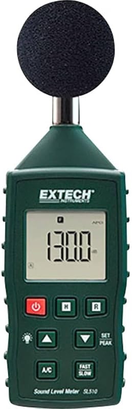 Extech SL510 Sonómetro, 35-130 dB, Clase 2 | Sonido 35-130 dB, +/-1dB Clase 2 (IEC 61672), ponderación A/C, respuesta rápida/lenta, retención de datos, MIN/MAX, retroiluminado