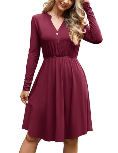 Florboom Damen V-Ausschnitt Freizeitkleid Herbst Langarm A-Linie Midikleid, Lässige Kleider mit Taschen (Weinrot, S)