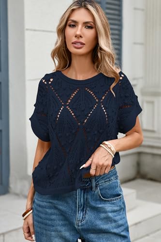 Image of Cakulo Women's Crochet Short Sleeve Sweater Summer Boho Tops