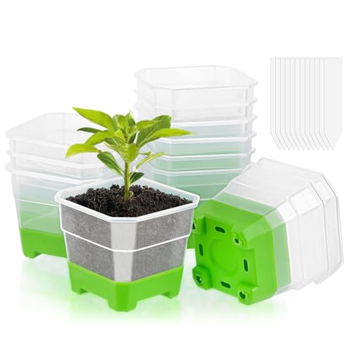 HGRGHH 12PCS Macetas Plástico con Base de Silicona con 12 Etiquetas de Plantas, Macetas para Semillas Transparentes Reutilizables para el Cultivo de Plantas, Flores, Plántulas y Semillas