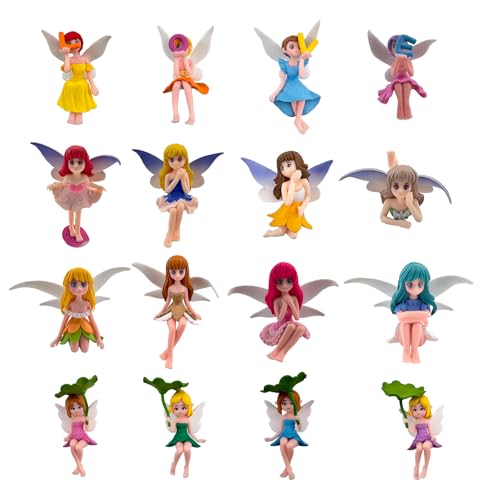 HYSTYLE 16 Pcs Miniature Fairy Figurines, Flower Fairies with Wings Cake Topper Garden Fairy Statues Plant Pot Garden Decor