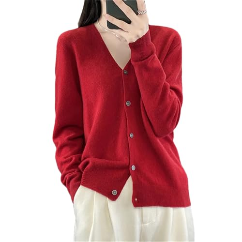 Cárdigan de lana merina para mujer, cuello en V, botones, color liso, manga larga, Rojo Chery, L