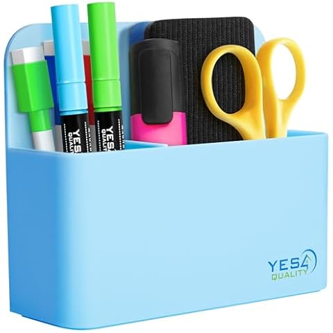 YES4QUALITY Magnetic Pen Holder with Strong Magnetic Back & 2 Compartments, Dry Erase Marker Holder for Whiteboard, Fridge & Locker, Blue Pencil Holder Cover