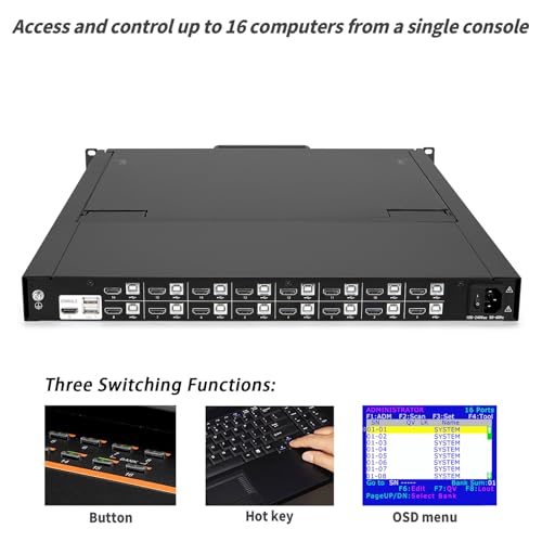 Image of 19-Inch Rackmount KVM Console, 1U Rack Mount Monitor and Keyboard HDMI 16 Port KVM Switch, OSD /Hotkey /Button Switching, Includes Cables, Compatible with Windows,Linux,Mac,Sun