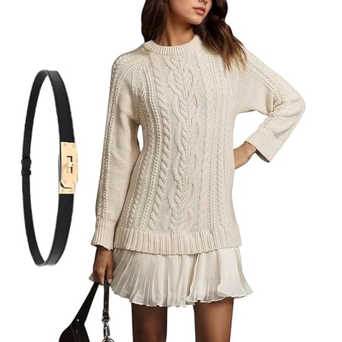 Women Crewneck Cable Knit Sweater Mini Dress, Fall Sweater Dresses with Pleated Skirt, Patchwork Sweaterdress