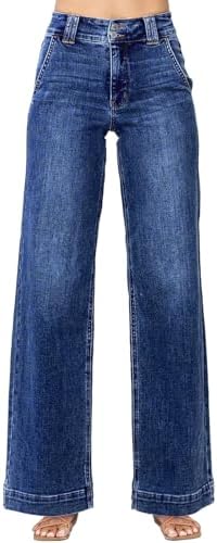 Astylish Wide Leg Jeans for Women High Waisted Straight Leg Stretchy Mom Denim Pants with Trendy Fashion Slanted Pockets Jean Trousers Size 16 Sail Blue